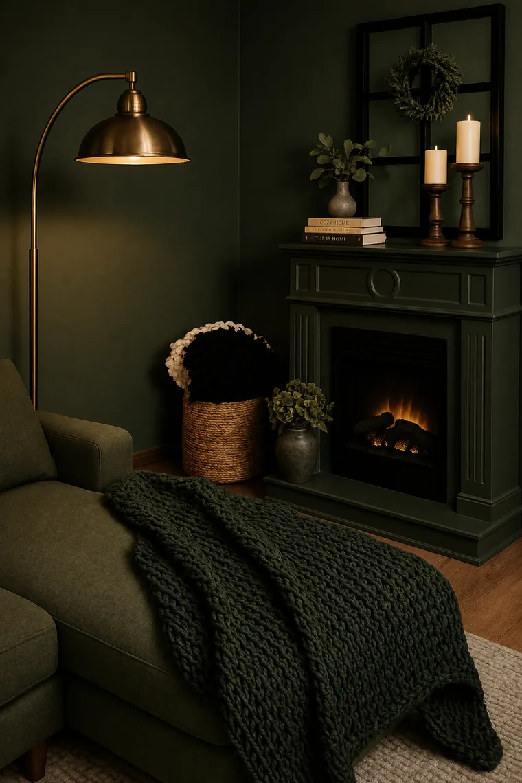 Styled interior with fireplace, armchair and warm lighting
