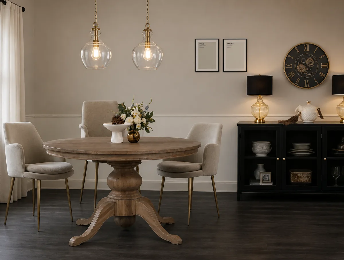 Elegant dining room with round timber table, pendant lighting and styled shelving
